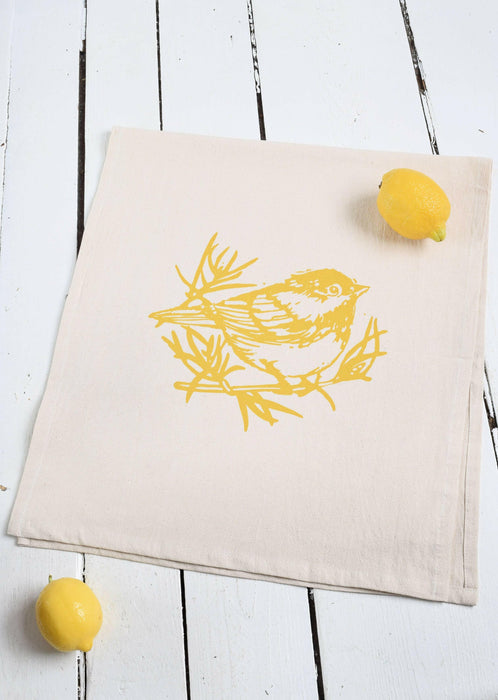 Hearth and Harrow - Organic Cotton Chickadee Tea Towel in Mustard Yellow - Bird.