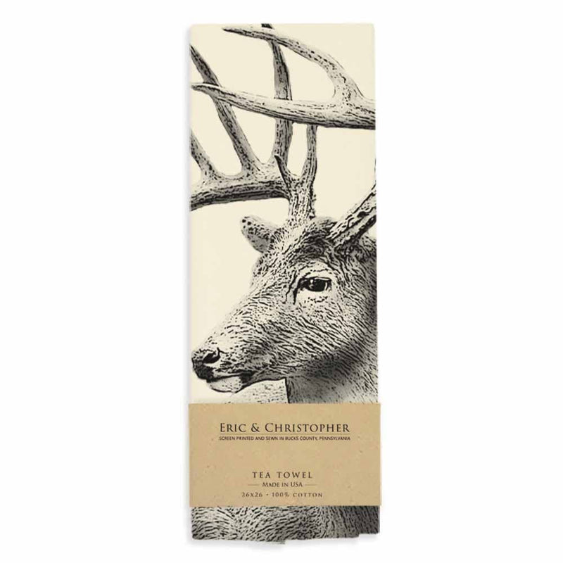 Eric & Christopher - American Woodlands Collective Buck #4 Tea Towel, featuring a detailed deer sketch, folded with label, crafted from screen-printed, pre-shrunk cotton in Pennsylvania.