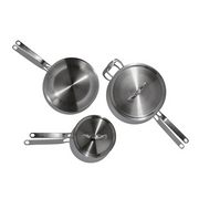 Heritage Steel | Eater 5 Piece Essentials Set features a 10.5 fry pan, 3-quart saucepan, and 4-quart sauté pan, all with lids and long handles.