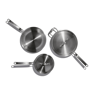 Heritage Steel | Eater 5 Piece Essentials Set features a 10.5 fry pan, 3-quart saucepan, and 4-quart sauté pan, all with lids and long handles.