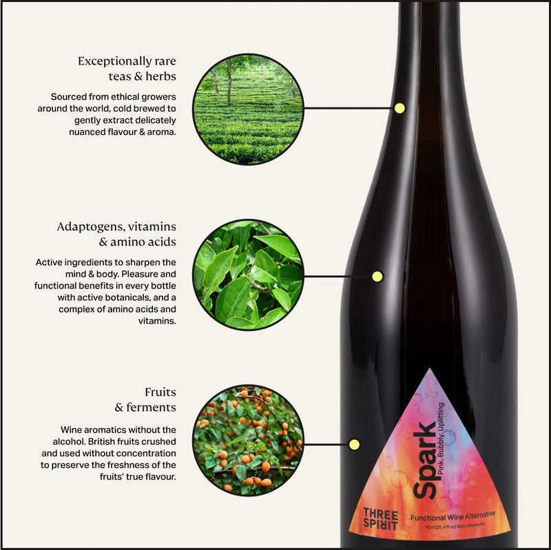 Three Spirit | Blurred Vines Spark, 3 Bottles: A non-alcoholic wine alternative with rare teas, adaptogens, and fruits, offering a bubbly, uplifting experience.