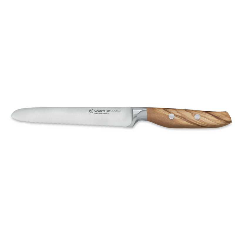 Wusthof | Villa 6-Piece Knife Block Set featuring an olive-wood handled serrated knife, perfect for precise cutting. Engraved with WÜSTHOF AMICI branding, exemplifying Athens Cooks' curated quality.