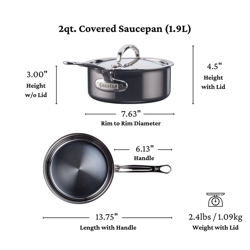 Diagram of Hestan | Titanium Essential 5-Piece Cookware Set saucepan showing side and top views, with measurements including a 2-quart capacity and stainless-steel construction.