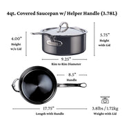 Hestan | Cookware, 4qt Saucepan + Lid: Side-view spec diagram showing dimensions, helper handle, and innovative titanium stainless steel design for durability and precision cooking.