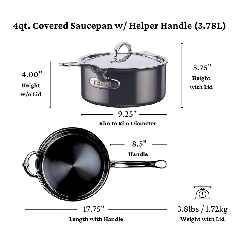 Hestan | Cookware, 4qt Saucepan + Lid: Side-view spec diagram showing dimensions, helper handle, and innovative titanium stainless steel design for durability and precision cooking.