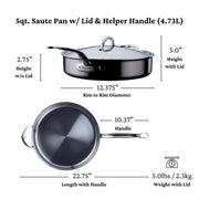 Hestan | Cookware, 5qt Sauté Pan + Lid: Stainless-steel sauté pan with glass lid, helper handle, and detailed dimensions, showcasing durable NanoBond technology for versatile cooking.