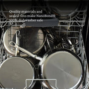 Hestan | Cookware, 12.5 Titanium Skillet inside a dishwasher rack, showcasing durable NanoBond® technology, emphasizing dishwasher safety and innovative titanium construction.