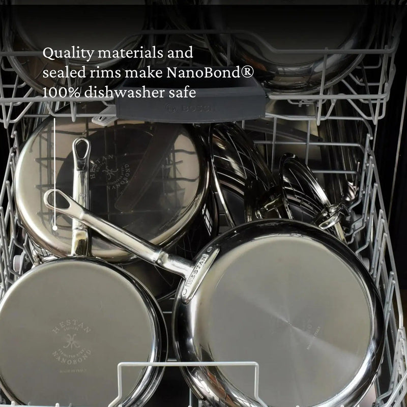 Hestan | Cookware, 12.5 Titanium Skillet inside a dishwasher rack, showcasing durable NanoBond® technology, emphasizing dishwasher safety and innovative titanium construction.
