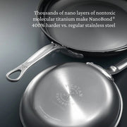 Hestan | Cookware, 12.5 Titanium Skillet featuring NanoBond® technology with visible branding and molecular titanium description, showcasing durability and innovative design.