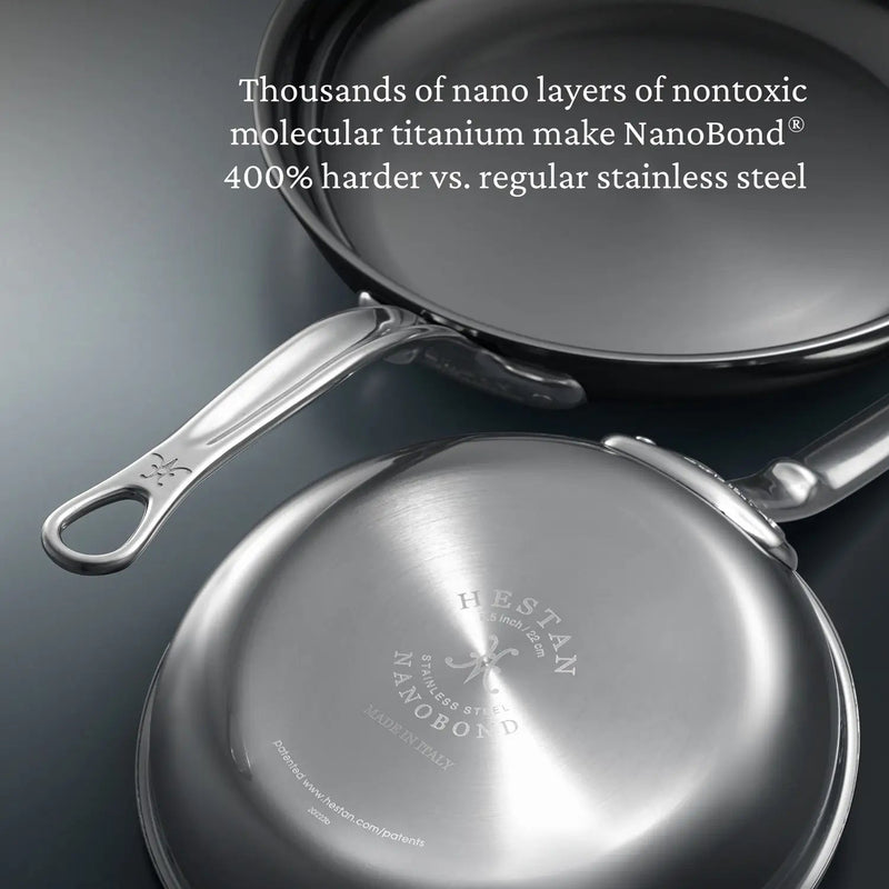 Hestan | Cookware, 12.5 Titanium Skillet featuring NanoBond® technology with visible branding and molecular titanium description, showcasing durability and innovative design.