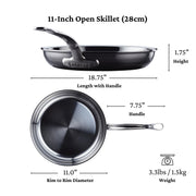 Hestan | Titanium Essential 5-Piece Cookware Set spec sheet shows an 11-inch skillet with detailed dimensions, featuring a durable stainless body and ergonomic handle.