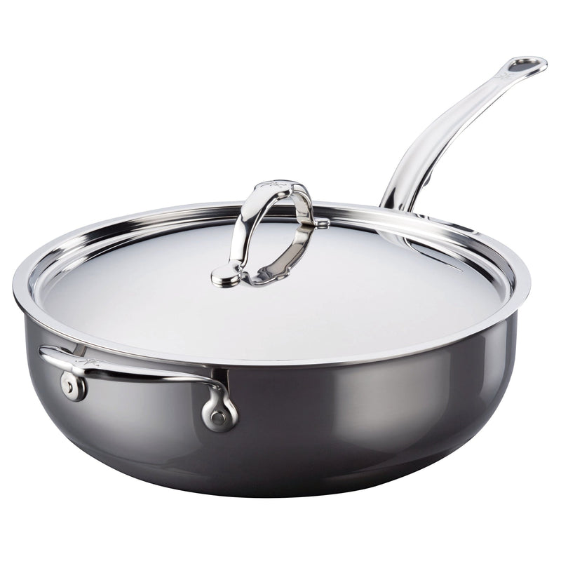 Hestan NanoBond Cookware, 5qt Essential Pan with lid, features a stainless-steel sauté design with ergonomic handles, optimized for induction cooking, durable and scratch-resistant.