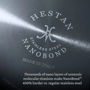 Close-up of Hestan | Titanium Essential 5-Piece Cookware Set's Nanobond® stainless-steel base with embossed branding, highlighting its 400% harder titanium nano-layer construction. Made in Italy.