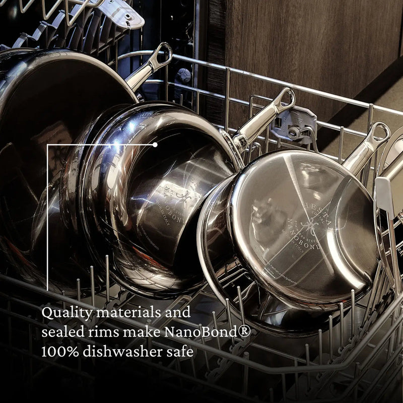 Hestan | Cookware, 3.5qt Sauté Pan + Lid displayed in dishwasher rack, highlighting its NanoBond technology for durability and dishwasher safety.