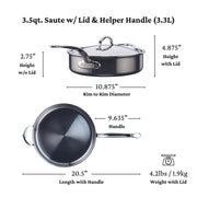 Diagram of Hestan Titanium Essential 5-Piece Cookware Set's 3.5-quart sauté pan, highlighting dimensions and features like ergonomic handles and resilient titanium-bonded stainless steel.