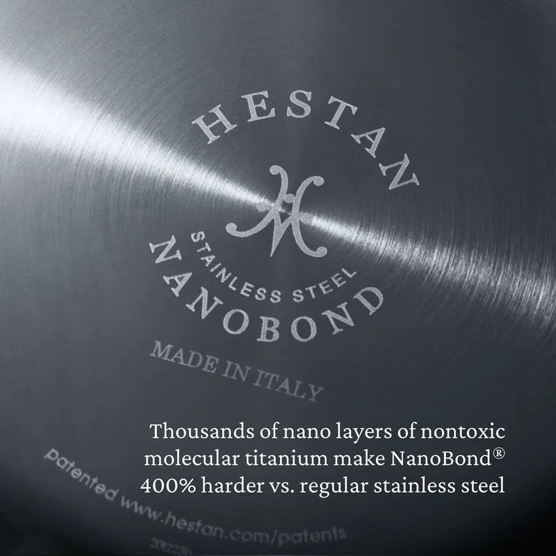 Close-up of Hestan | Cookware, .75qt Butter Warmer Pan, highlighting the Nanobond stainless-steel base with Hestan logo, emphasizing its durable, non-toxic titanium construction.