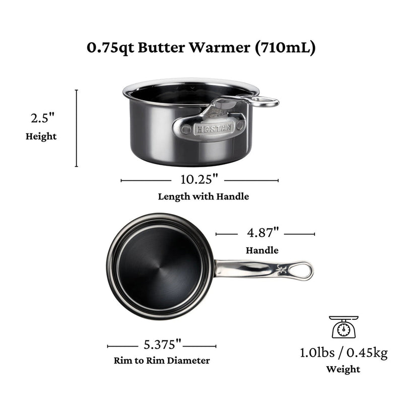Hestan | Cookware, .75qt Butter Warmer Pan: Front and top views with dimensions, showcasing ergonomic handle and durable NanoBond technology for efficient heat conduction.