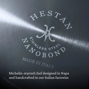 Hestan | Cookware, 2qt Saucier Pan + Lid, featuring a durable titanium-infused stainless steel base, engraved branding, and crafted in Italy for premium sauce-making.