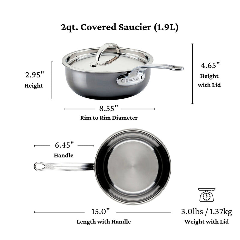 Hestan | Cookware, 2qt Saucier Pan + Lid: Side and top views, detailed measurements, ergonomic handle, durable titanium-stainless steel construction, ideal for sauces, 3.0 lbs with lid.