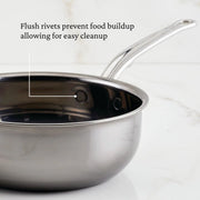 Hestan | Cookware, 2qt Saucier Pan + Lid features flush rivets for easy cleanup and a polished handle, ideal for sauces and whisking.