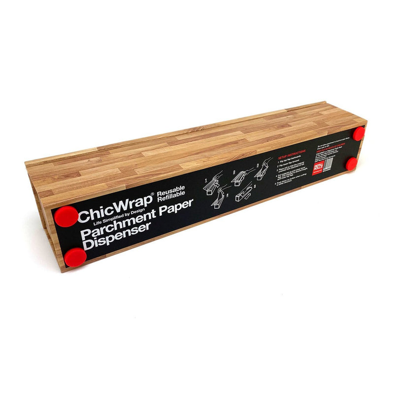 ChicWrap | Parchment Paper Dispensers - Butchers Block Parchment Dispenser: A durable wooden dispenser with a black label for cleanly cutting parchment paper. Ideal for cooking and baking.