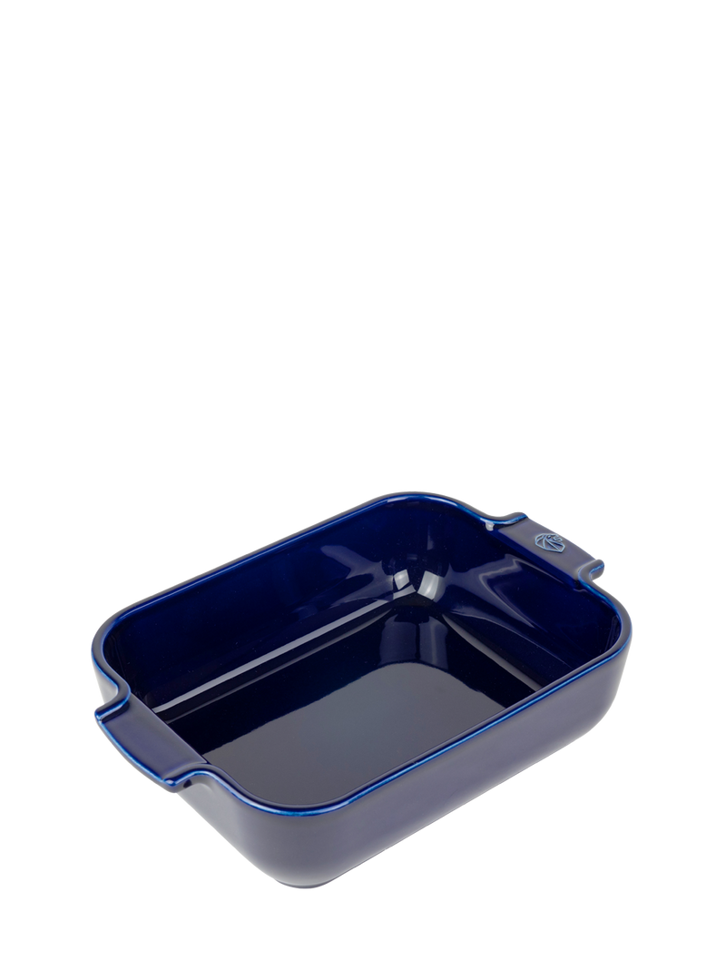 Peugeot | Appolia Rectangular Baking Dish, Blue; a dark-blue ceramic baking dish with integrated handles, ideal for even cooking and easy handling.