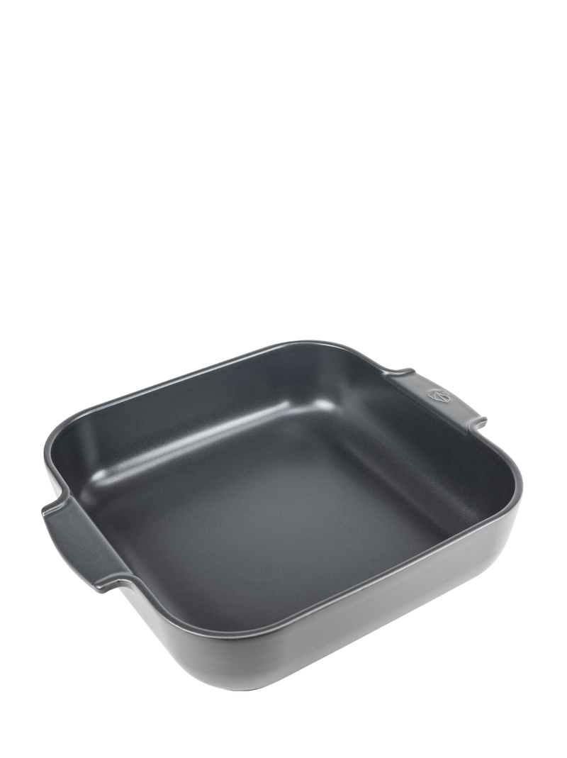 Peugeot | Appolia Square Baking Dish 14 inches, Slate. Black non-stick ceramic pan with small molded handles, ideal for casseroles, roasting, and sheet-pan meals.