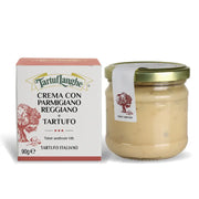 TartufLanghe - Italian Parmigiano Truffle Cream, 6.70 oz glass jar beside retail box, perfect for enhancing gourmet dishes with authentic Italian flavors.
