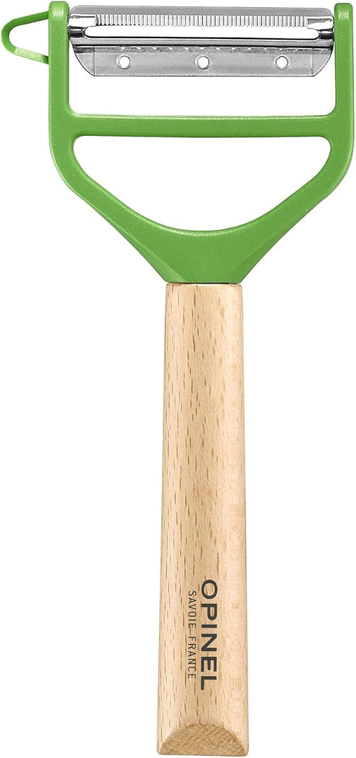 Opinel | T Duo Peeler with Wooden Handle, featuring a swiveling stainless steel blade and julienne option, ideal for peeling and slicing vegetables and fruits efficiently.