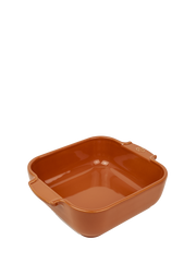 Peugeot Appolia Square Baking Dish, 8 inches, Terracotta, featuring rounded corners and integrated handles, perfect for compact, even-heating culinary creations from Athens Cooks.