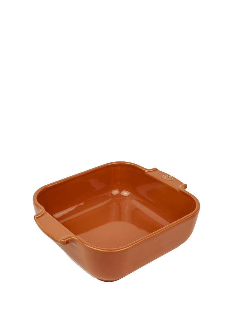 Peugeot Appolia Square Baking Dish, 8 inches, Terracotta, featuring rounded corners and integrated handles, perfect for compact, even-heating culinary creations from Athens Cooks.