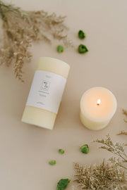 Mo&Co Home - 100% Beeswax Pillar Candles | Natural White: 3x4 Inch, hand-poured, eco-friendly, shown alongside a plant, highlighting natural elegance and purity.
