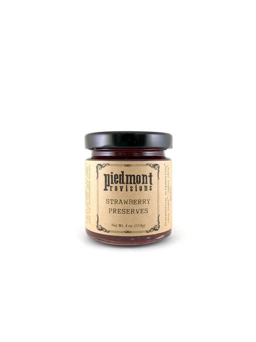 Piedmont Provisions Strawberry Preserves jar, showcasing handcrafted quality from Athens, GA, ideal for enhancing toast, pastries, or desserts with rich, fruity flavors.