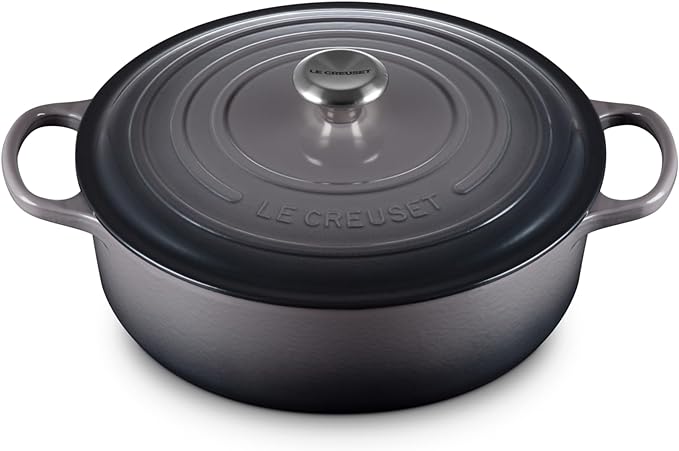 Le Creuset | Signature Round Wide Oven - Oyster with lid and side handles, ideal for versatile cooking and serving, featured by Athens Cooks.