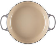 Le Creuset | Signature Round Wide Oven - Oyster, empty round enameled cast-iron pot with loop handles, ideal for versatile cooking and direct table serving.