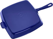Staub Cast Iron Square Grill Pan in Dark Blue, ideal for indoor grilling with authentic grill marks, perfect for stovetop cooking and elegant kitchen presentation.