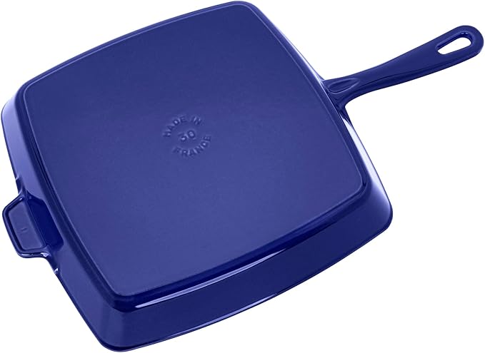 Staub Cast Iron Square Grill Pan in Dark Blue, ideal for indoor grilling with authentic grill marks, perfect for stovetop cooking and elegant kitchen presentation.