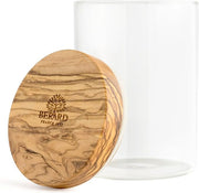 Browne & Co BERARD Glass Jar with Lid, 4x6 (10x15cm), 20oz (0.6L) Oliv, featuring a wooden logo, perfect for stylish kitchen storage from Athens Cooks.
