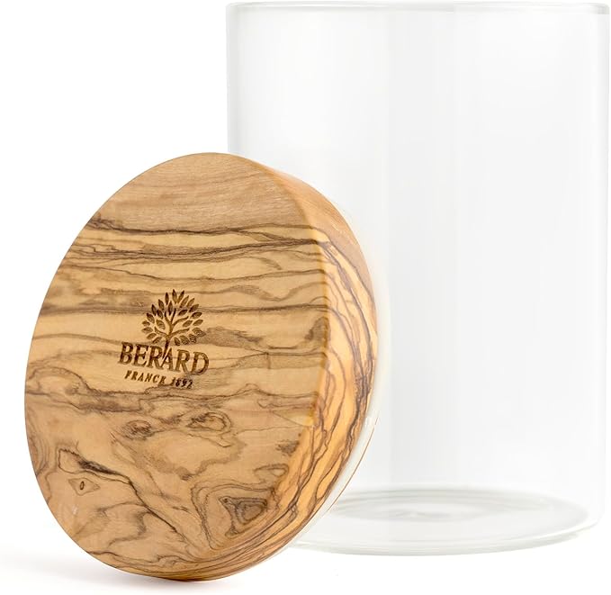 Browne & Co BERARD Glass Jar with Lid, 4x6 (10x15cm), 20oz (0.6L) Oliv, featuring a wooden logo, perfect for stylish kitchen storage from Athens Cooks.