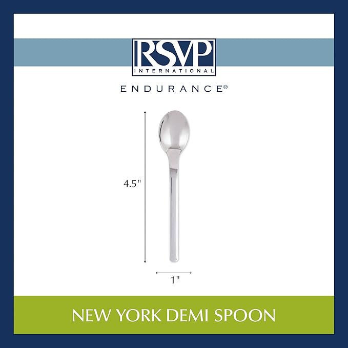 New York Demi Spoon, a 4.5-inch stainless steel utensil with measurement markings, ideal for espresso, tea, or desserts, reflecting Athens Cooks' dedication to quality kitchenware.