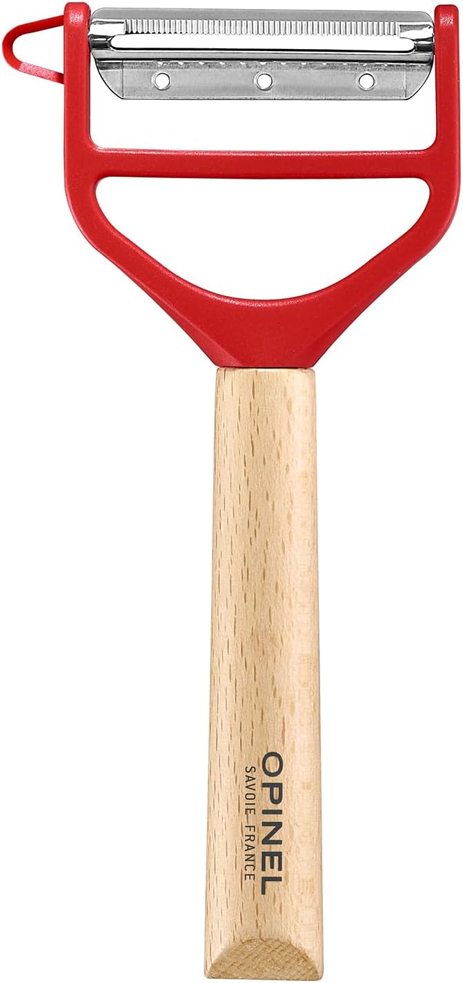 Opinel | T Duo Peeler with Wooden Handle, Red, featuring dual blades for peeling and julienning, ergonomic design suitable for both right and left-handed users.