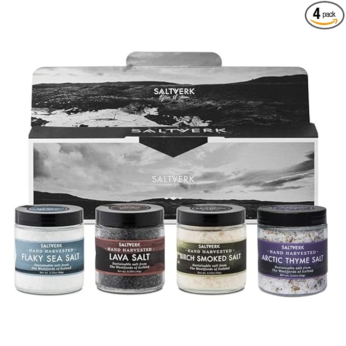 SALTVERK | Set of 4 Salts Gift Set featuring four Icelandic sea salts in labeled jars, perfect for culinary enthusiasts seeking unique flavors.