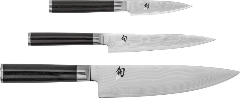 Shun | Classic Starter Set Ebony, 3 Pc: Three Japanese-style knives with pakkawood handles and Damascus-pattern blades, ideal for versatile kitchen tasks.