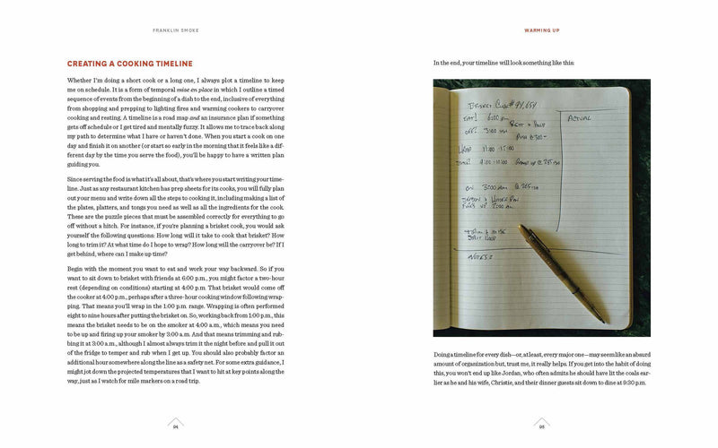 Franklin Smoke book spread detailing a cooking timeline for brisket, with a handwritten timeline photo illustrating precise prep and cooking steps.