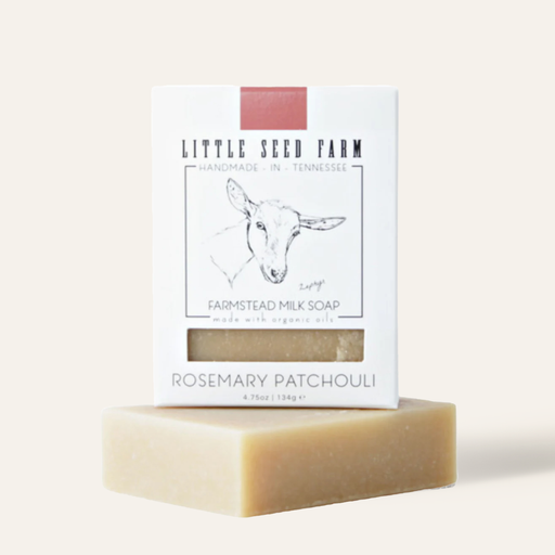 Little Seed Farm - Rosemary Patchouli Bar Soap. A 2.4oz bar offering an herbal scent with rosemary and patchouli, featured for skin toning and calming benefits.