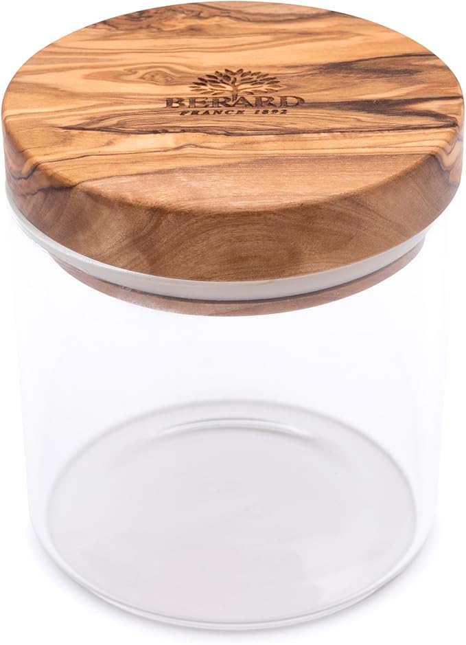 Browne & Co | BERARD Glass Jar with Wooden Lid, 4x4.25, holds 13.5oz. Ideal for kitchen storage, reflecting Athens Cooks' curated kitchenware collection.