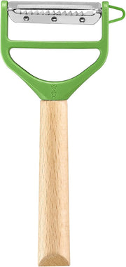 Opinel | T Duo Peeler with Wooden Handle, Green, featuring dual stainless blades for peeling and julienning, with ergonomic beechwood handle, ideal for precise vegetable prep.