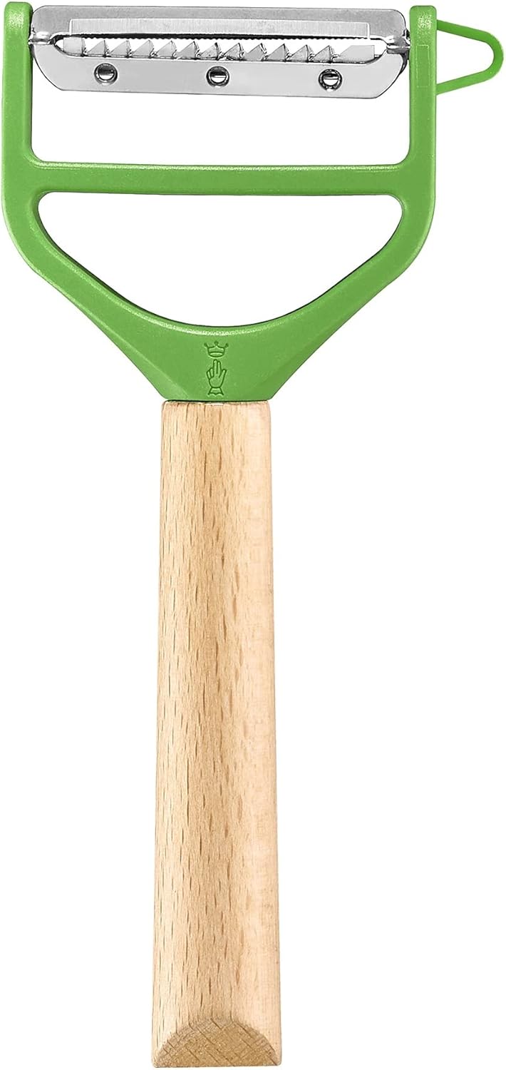 Opinel | T Duo Peeler with Wooden Handle, Green, featuring dual stainless blades for peeling and julienning, with ergonomic beechwood handle, ideal for precise vegetable prep.