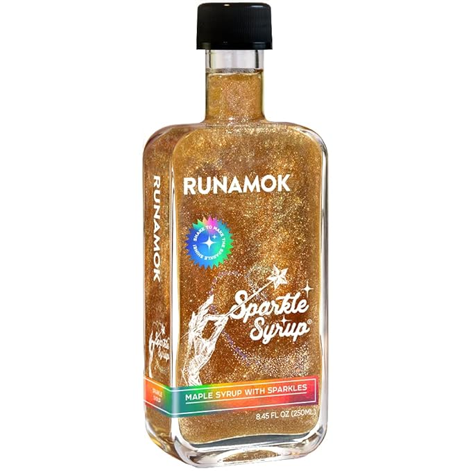 Runamok | Mini Sparkle Syrup in a glass bottle with gold glitter, ideal for enhancing beverages, featured at Athens Cooks kitchen store.