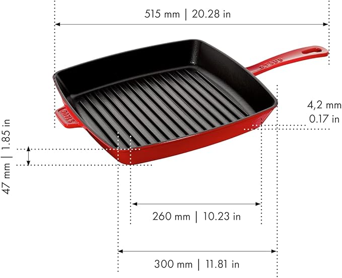 Staub Cast Iron Square Grill Pan in Cherry, designed for stovetop grilling, showcasing grill marks and fat drainage features, ideal for indoor cooking and elegant kitchen presentation.
